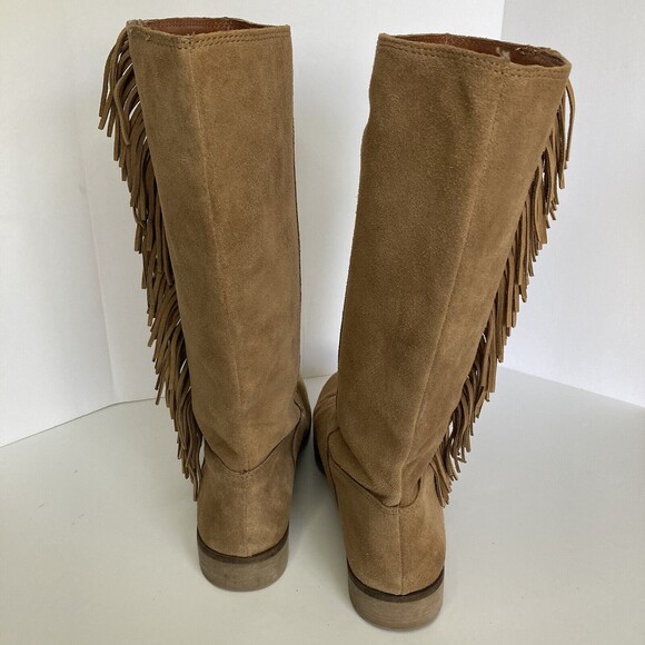 Lucky Brand Boot LK Grayer 7.5M Suede Tan Pullon Flyaway Fringe Mid-Calf Western - Picture 5 of 11